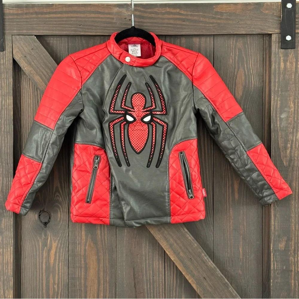 Disney Marvel Spider-Man Faux Leather Red Biker Jacket Coat Size 7/8‎ Kids - Picture 9 of 9